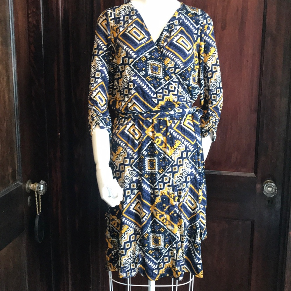 Lucky brand NWT M blue/gold pattern fauxwrap dress